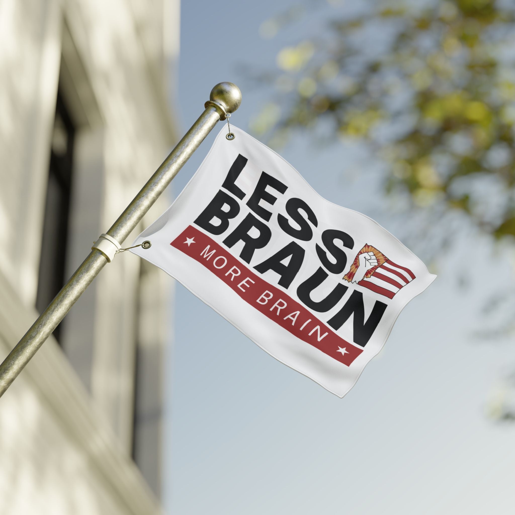 Less Braun, More Brain – Indiana Political Protest Indoor/Outdoor Flag